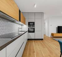 ︱ PREDAJ Nadštandardný 3-izb. byt v projekte Gansberg Koliba - Kuchyňa v 3-izbovom byte s geometrickým obkladom a podlahou s dreveným dekorom.
