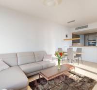 Elegantný byt na mieru s panorámou hradu  - Svetlá obývacia izba s pohovkou, konferenčným stolíkom a kuchyňou, 3-izbový byt.