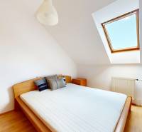 RIVERS - Veľkorysý rodinný dom po rekonštrukcii  - Spálňa s manželskou posteľou, strešným oknom a podlahou s dreveným dekorom v rodinnom dome.