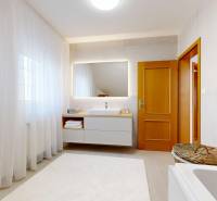 RIVERS - Veľkorysý rodinný dom po rekonštrukcii  - Kúpeľňa v rodinnom dome s umývadlom, vaňou, zrkadlom a bielym kobercom.