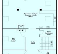 RIVERS - Veľkorysý rodinný dom po rekonštrukcii  - Plán 2. poschodia rodinného domu s obývacou izbou, kuchyňou a balkónom.