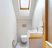 RIVERS - Veľkorysý rodinný dom po rekonštrukcii  - Kúpeľňa v podkroví rodinného domu so strešným oknom a umývadlom.
