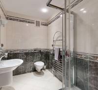 Veľkometrážny byt na Slavíne s výhľadom na mesto - Kúpeľňa v byte s piatimi a viac izbami s dlažbou, sprchovým kútom a dekoratívnym obkladom.