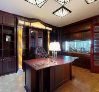 Veľkometrážny byt na Slavíne s výhľadom na mesto - Kancelária s tmavým nábytkom a osvetleným akváriom, vhodná pre 5 a viac izbový byt.