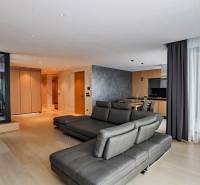 RIVERS I Prémiový 4-izbový byt s panoramatickým výhľadom na mesto - Obývacia izba v 4-izbovom byte s podlahou s dreveným dekorom a koženou sedačkou.