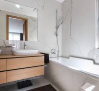 RIVERS I Prémiový 4-izbový byt s panoramatickým výhľadom na mesto - Kúpeľňa so sprchovým kútom a umývadlom v 4-izbovom byte.