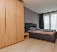 RIVERS I Prémiový 4-izbový byt s panoramatickým výhľadom na mesto - Spálňa v 4-izbovom byte s podlahou s dreveným dekorom a vstavanou skriňou.