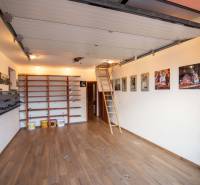 Nadštandardný 4-izbový rodinný dom s garážou a veľkým pozemkom - Garáž v rodinnom dome s policami, podlahou s dreveným dekorom a výsuvným rebríkom.