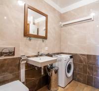 Nadštandardný 4-izbový rodinný dom s garážou a veľkým pozemkom - Kúpeľňa v rodinnom dome s práčkou, umývadlom a podlahou s dreveným dekorom.