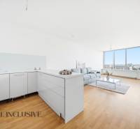 Na predaj luxusný 2-izb. byt s loggiou v Bratislave  - Svetlá kuchyňa s obývacou izbou, podlaha s dreveným dekorom, pohovka, veľké okná.