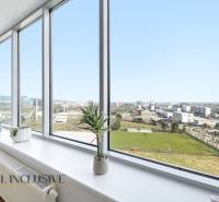 Na predaj luxusný 2-izb. byt s loggiou v Bratislave  - Výhľad z 2-izbového bytu s veľkými oknami, izbové rastliny, podlaha s dreveným dekorom.