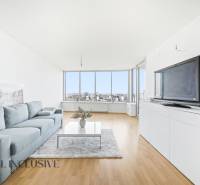 Na predaj luxusný 2-izb. byt s loggiou v Bratislave  - Obývacia izba v 2-izbovom byte s pohovkou, televíziou a podlahou s dreveným dekorom.