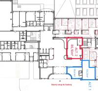 Prenájom kancelárií na prízemí budovy, Ružinov - Pôdorys kancelárskych priestorov s rôznymi rozlohami a usporiadaním miestností.