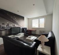 Prenájom 2-izb bytu v Bratislave-Rača - Obývacia izba s čiernou sedačkou, TV, obrazom mesta a pracovným stolom v 2-izbovom byte.