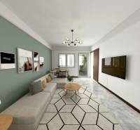 I Predaj 3- izbového bytu v Dúbravke - Obývacia izba v 3-izbovom byte s dekorom dreva a obrazmi na stene.