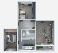 I Predaj 3- izbového bytu v Dúbravke - Podorys s názvami miestností.webp