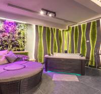 | Luxusný dvojúrovňový mezonet v Starom Meste - Relaxačná miestnosť s vírivkou, vertikálnou záhradou a pohodlným sedením v 3-izbovom byte.