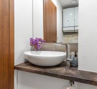 I Luxusný byt v historickom centre Bratislavy - Kompaktná kúpeľňa s bielym umývadlom, drevený dekor, fialové kvety. 2-izbový byt.