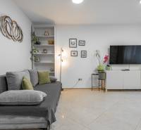 I Luxusný byt v historickom centre Bratislavy - Obývačka v 2-izbovom byte s TV, pohovkou a minimalistickou dekoráciou na bielej stene.