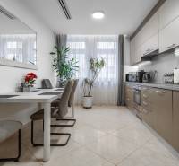 I Luxusný byt v historickom centre Bratislavy - Jedálenský kút s dlhým stolom, kuchynská linka, svetlé steny, 2-izbový byt.