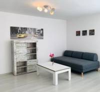 Na predaj 2-i byt s terasou pri Bratislavskom hrade - Obývačka na ulici Palisády. Svetlá 2-izbový byt so sedačkou a stolíkom.