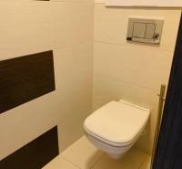 Na predaj 2-i byt s terasou pri Bratislavskom hrade - Miestnosť s toaletou v 2-izbovom byte na ulici Palisády, svetlé dlaždice, tmavé obklady.