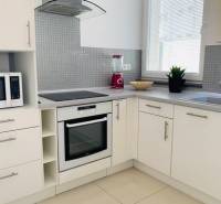 Na predaj 2-i byt s terasou pri Bratislavskom hrade - Biela kuchyňa s rúrou, drezom a mixérom v 2-izbovom byte na ulici Palisády.