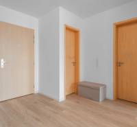 I na predaj 2i byt v komplexe Tri Veže na Bajkalskej - Interiér 2-izbového bytu s podlahou s dreveným dekorom, troma dverami a lavicou.