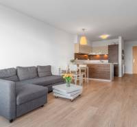 I na predaj 2i byt v komplexe Tri Veže na Bajkalskej - Obývacia izba v 2-izbovom byte s podlahou s dreveným dekorom, sivou sedačkou a kuchyňou.