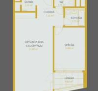 I na predaj 2i byt v komplexe Tri Veže na Bajkalskej - Pôdorys 2-izbového bytu so šatníkom, kúpeľňou, priestrannou obývačkou a loggiou.