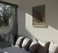 I Predaj Ecocapsule – autonómne ekologické bývanie - Interiér so sivými vankúšmi, obrazom na stene a výhľadom do záhrady.