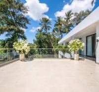 I Na predaj Luxusná vila „Tomma“ v Ubud, Bali - Terasa vily na Bali s výhľadom na palmy a modrú oblohu.