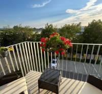 Na predaj nadštandardne zariadený 3 izb.byt, Trenčín, ul. Odevná - Balkón 3-izbového bytu s výhľadom na Odevnej ulici v Trenčíne s kvetmi a záhradným nábytkom.