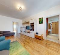 RADO I 4i byt, 90m2 I ul. Opatovská I Trenčín - Obývacia izba v 4-izbovom byte s podlahou s dreveným dekorom, pohodlným sedením a dekoráciami.
