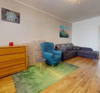 RADO I 4i byt, 90m2 I ul. Opatovská I Trenčín - Obývacia izba v 4-izbovom byte s podlahou s dreveným dekorom, pohovkou a kreslom.