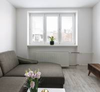 Prenájom Štýlový 2-iz bový byt pri OC Central BEZ PROVÍZIE!!!!  - Obývacia izba v 2-izbovom byte s pohovkou, konferenčným stolíkom a podlahou s dreveným dekorom.