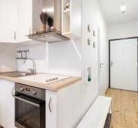 Prenájom 1-izbového bytu, Béžová, Béžová, Petržalka - REZERVOVANÉ - Svetlá kuchyňa s dreveným dekorom v 1-izbovom byte, vstupná chodba.