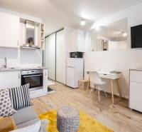 Prenájom 1-izbového bytu, Béžová, Béžová, Petržalka - REZERVOVANÉ - Obývacia izba 1-izbového bytu s kuchynskou linkou, bielym nábytkom a podlahou s dreveným dekorom.