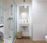 Prenájom 1-izbového bytu, Béžová, Béžová, Petržalka - REZERVOVANÉ - Kúpeľňa v 1-izbovom byte s práčkou, sprchovým kútom a bielymi obkladmi.