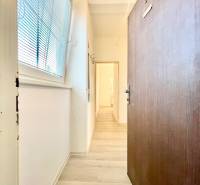 PREDAJ 1 - izbový byt, Bratislava - Ružinov, ul. Trenčianska - Chodba s podlahou s dreveným dekorom, biele steny, veľké okno s žalúziami.