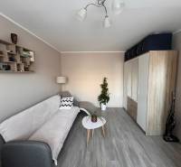 Na predaj  3-izbový byt v meste Rajec  - Svetlý obývací priestor v 3-izbovom byte s podlahou s dreveným dekorom a pohodlnou sedačkou.