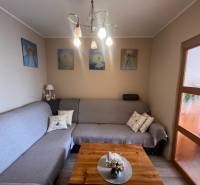 Na predaj  3-izbový byt v meste Rajec  - Obývacia izba v 3-izbovom byte s pohovkou, obrazmi a podlahou s dreveným dekorom.