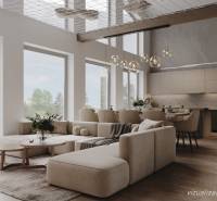 Únik z mesta, kde sa moderná architektúra stretáva s divokou prírodou? - Priestranný obývací priestor s pohovkou a veľkými oknami v Chate, podlaha s dreveným dekorom.