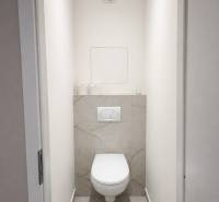 Prenájom 2-izbový byt s loggiou, 54m2, Bratislava-Petržalka - Toaleta so závesnou misou a jednoducho ladeným obkladom v 2-izbovom byte.