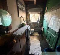 Štýlová chalupa v horskej dedinke Ratkovské Bystré - Kúpeľňa v rodinnom dome s tmavými stenami, toaletou a pračkou.