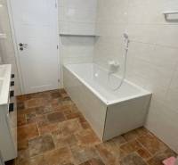 Rodinný dom na Devätinovej ulici na prenájom - Kúpeľňa v rodinnom dome má vaňu, biele obklady, podlahu s dreveným dekorom.