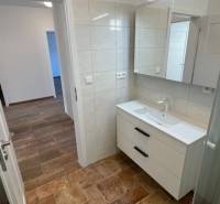 Rodinný dom na Devätinovej ulici na prenájom - Kúpeľňa v rodinnom dome s podlahou s dreveným dekorom a sprchovým kútom.