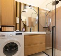 3-izbový byt s vysokými stropmi, Staré Mesto - Kúpeľňa s práčkou, umývadlom, zrkadlom a sprchovým kútom v 3-izbovom byte.