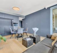 Predaj luxusný 2-izbový byt, 52 m2, Továrenská ul, SKY PARK - Obývacia izba v 2-izbovom byte s podlahou s dreveným dekorom a šedým nábytkom.