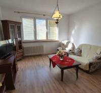 NA PRENÁJOM 1,5 IZBOVÝ, UL. MIEROVÁ - Obývačka v 2-izbovom byte s podlahou s dreveným dekorom, pohodlným nábytkom a dekoračným stolíkom.